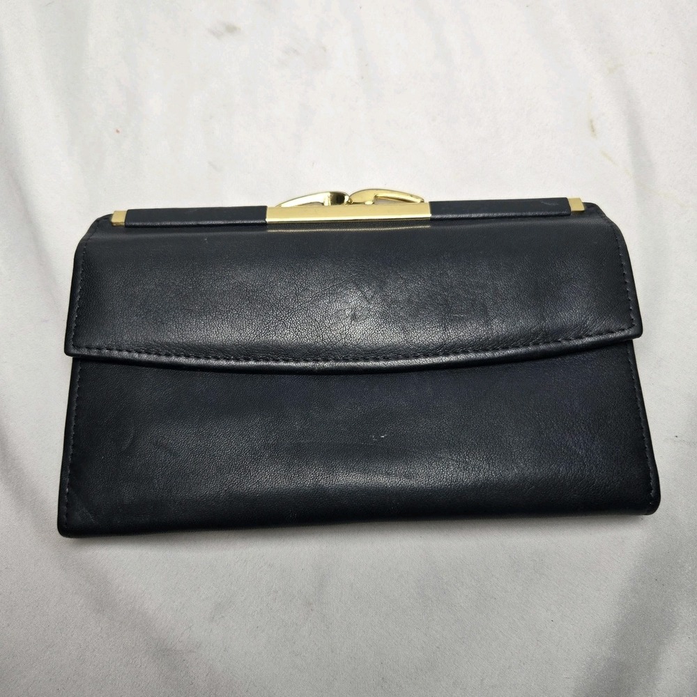 Vintage Scully Leather Kiss Lock Clutch Wallet Navy Card Slots Pen Checkbook